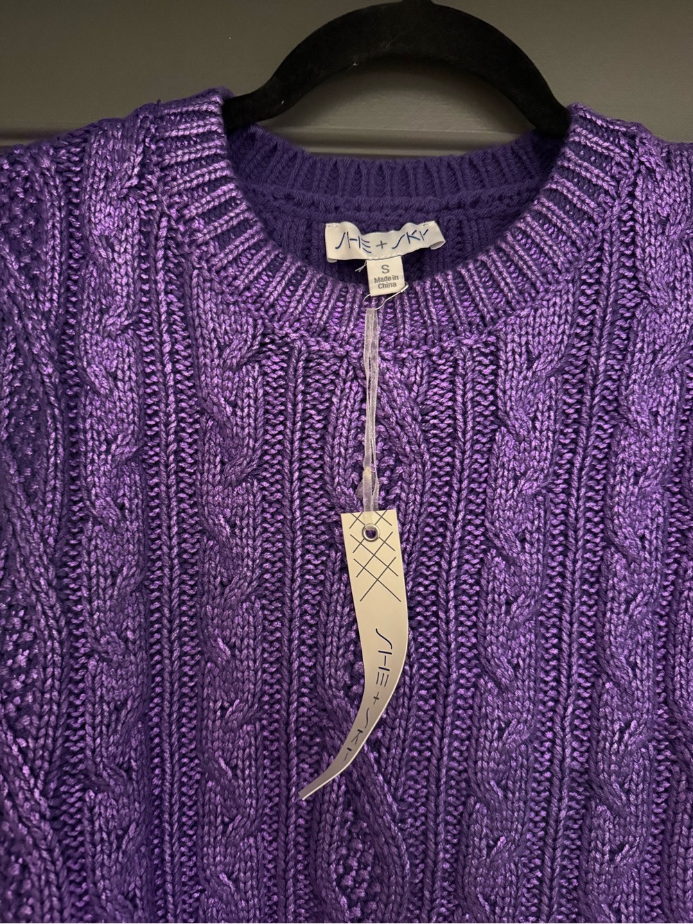She + Sky Metallic Purple Cable Knit Sleeveless Sweater, LSU Clemson Game day - Picture 6 of 6